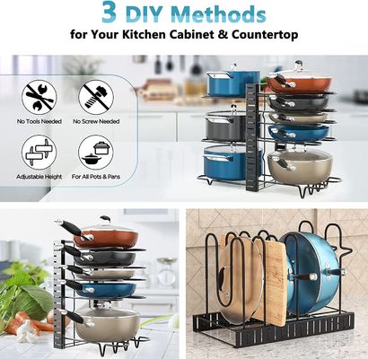 Regulowalny szafki kuchni garnek i organizator patelni 8 poziom stojak z 3 metodami DIY