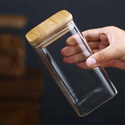 Nowoczesny projekt pojemnik do przechowywania żywności z pokrywką z drewna bambusowego 300 ml 500 ml słoik ze szklaną przyprawą